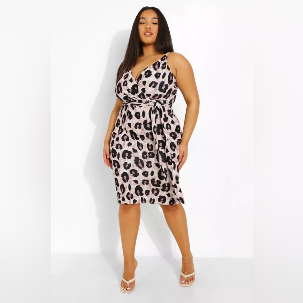 Boohoo Plus Pink Leopard Print Wrap Dress